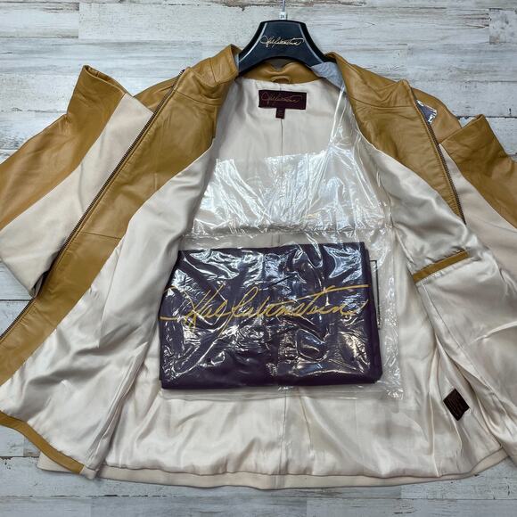 Hal Rubenstein Tan Leather Jacket Coat Lined Cream Ponte Stretch SZ 2X C101666 - Picture 3 of 7
